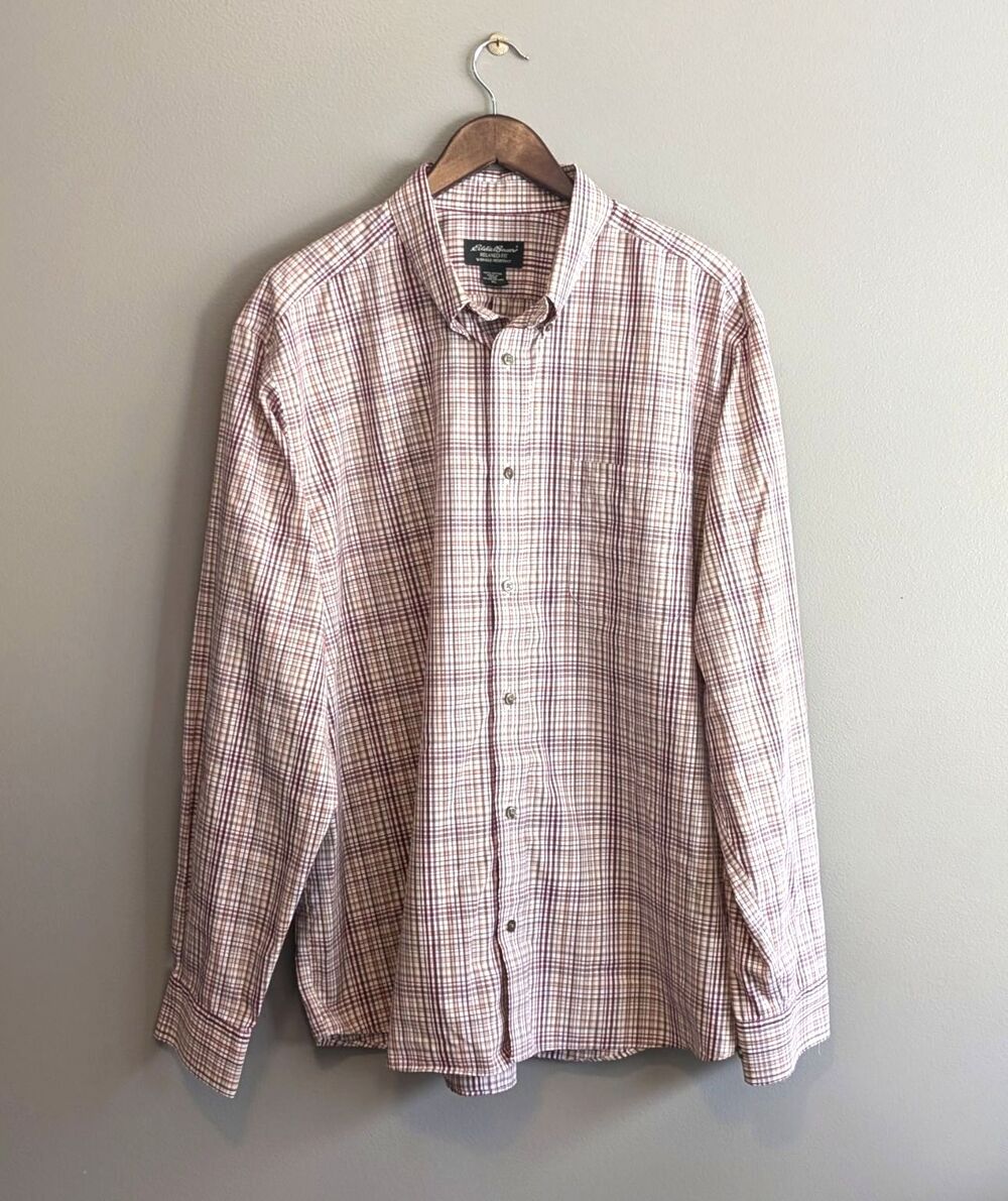 Eddie Bauer No Wrinkle Plaid Shirt Mens XL Oversized Wrinkle Resistant LS
